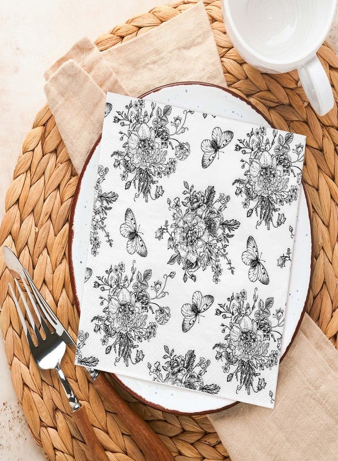 Whaline 100 Counts Floral Paper Napkins Black White Vintage Flower Disposable Napkins Sketched Decorative Luncheon Dinner Table Napkins for Spring Summer Birthday Party Supplies - Image 5